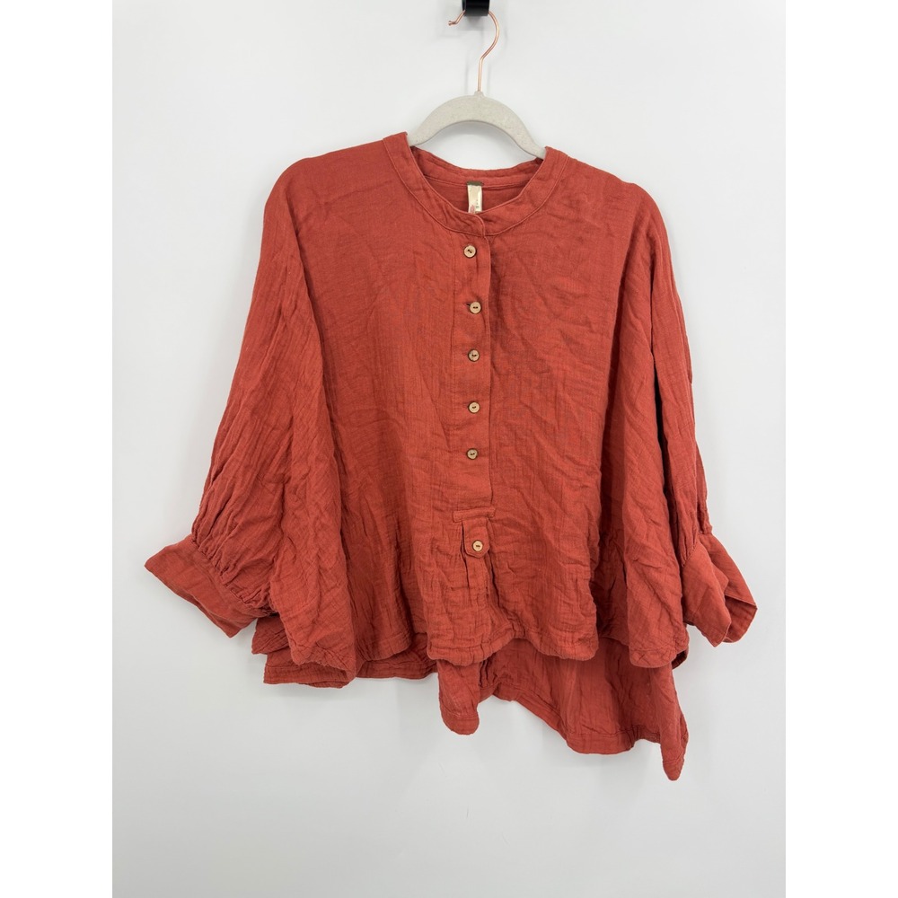 Free People Gauze Button Down Top dolman sleeve S Rust Terracotta High Low Boho